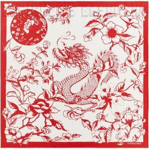 FERRAGAMO red & ivory floral YEAR OF THE DRAGON silk scarf NWT + gift envelope🎁